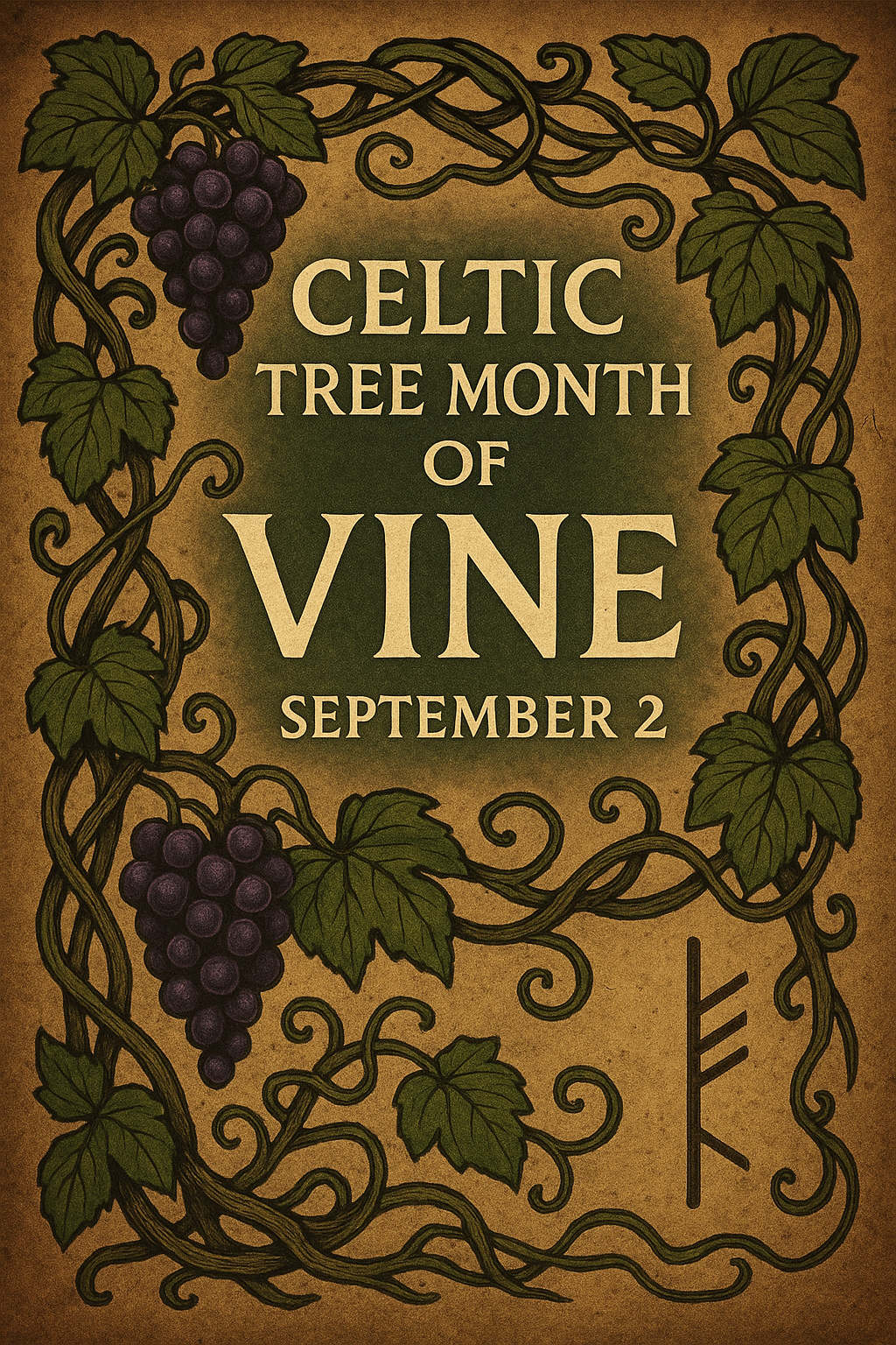 Illustrated cover with Celtic-style grapevines and purple grape clusters framing parchment-like background. Center text reads “Celtic Tree Month of Vine, September 2” with the Ogham symbol for Muin in the corner.