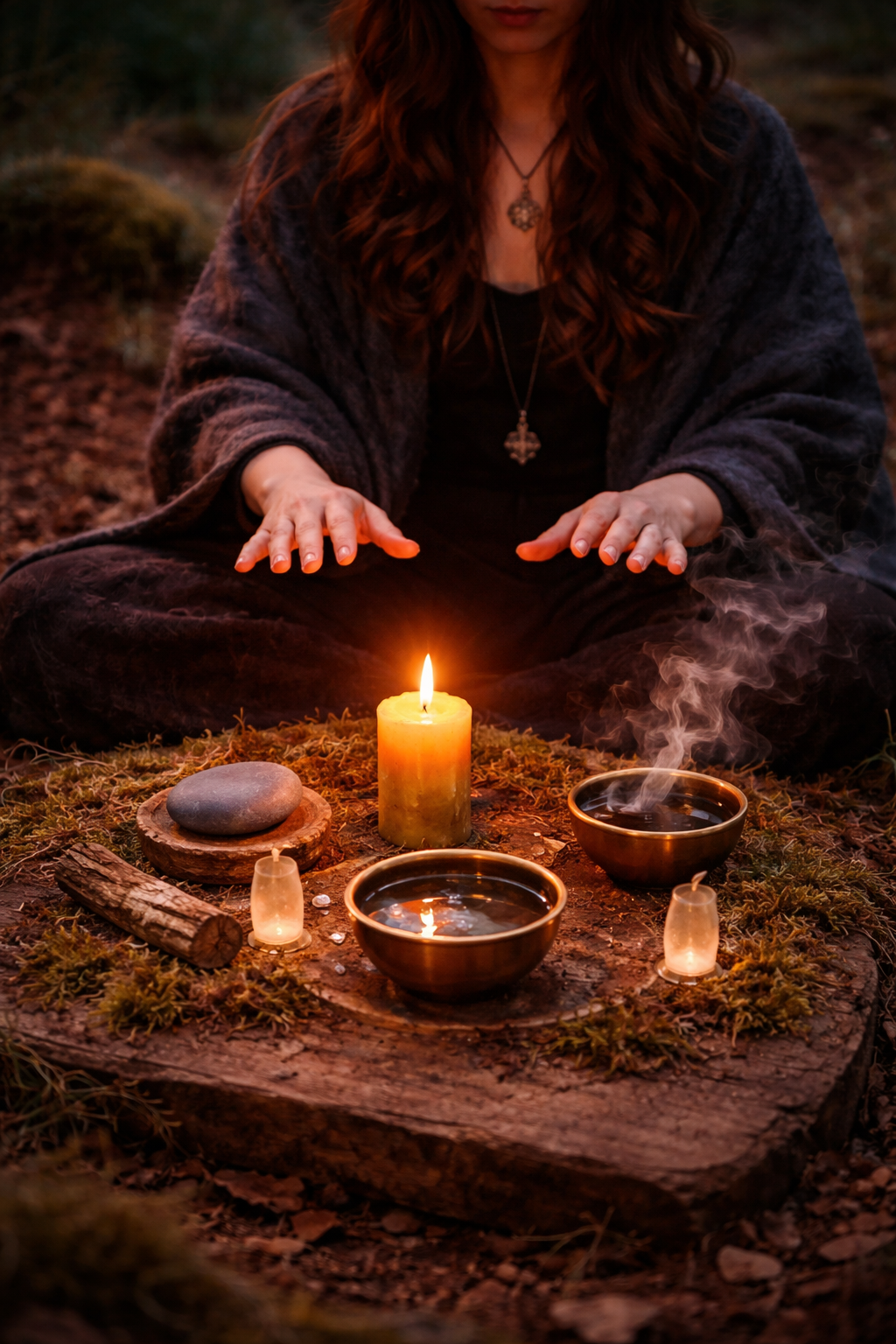 Elemental invocation altar with candle, incense smoke, stone, and water bowl as a hand creates ripples in the water.