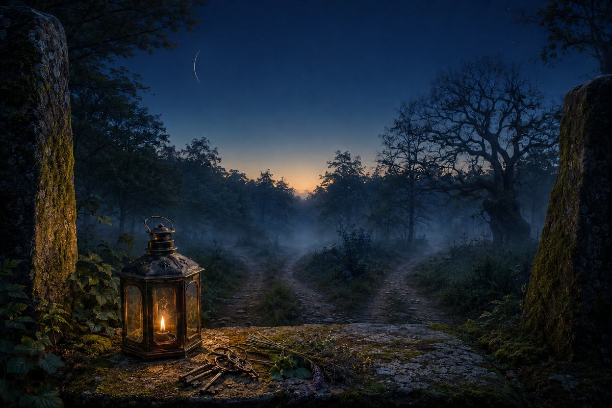 A hairline-thin left-lit waning crescent hangs above a misty woodland crossroads, bronze lantern, antique keys, and stone threshold.