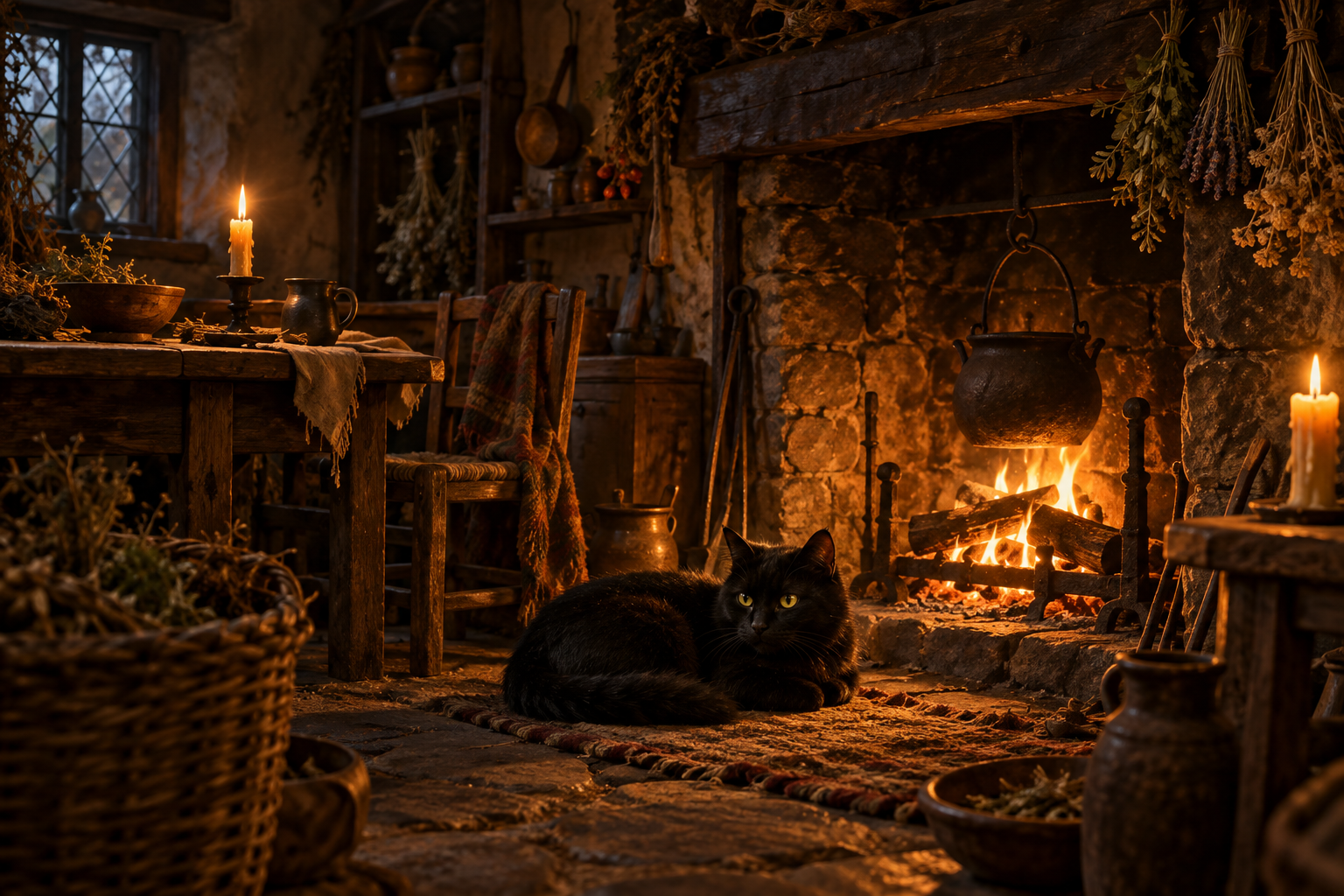 A black cat rests beside a glowing hearth in a candlelit cottage.